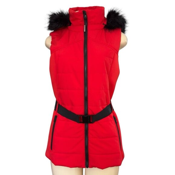 Michael Kors Red Faux Fur Trim Quilted‎ Puffer Vest Black Logo Belted Gilet - Picture 1 of 16